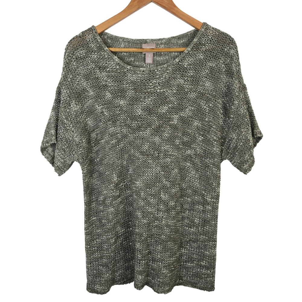 Chicos Women Green Marled Open Knit Short Sleeve Scoop Neck Sweater Size 3 Large